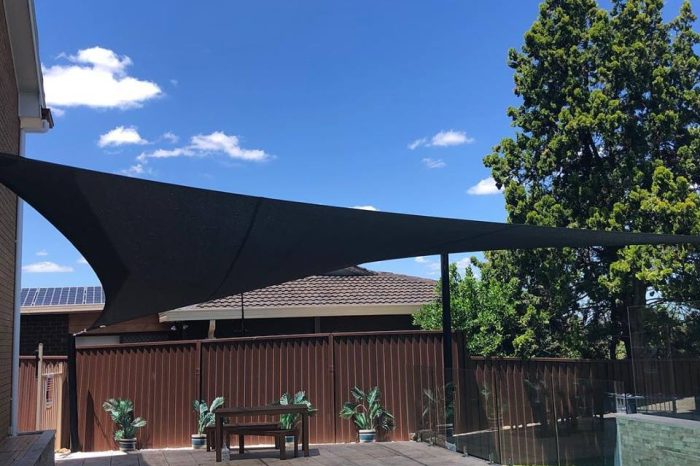 Shade Sail Placed Over A Swimming Pool For Sun Protection, Shade From The Heat & For Privacy