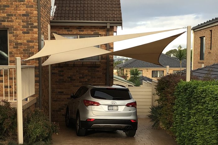 Beige Layered Shade Sails Over Home Car Space, Makes House Look More Modern - Sydney