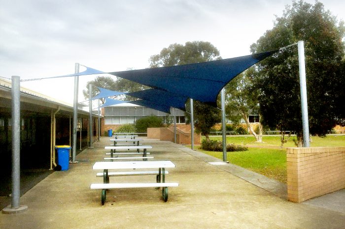 Modern Blue Shade Sails Over School Lunch Benches - Sydney